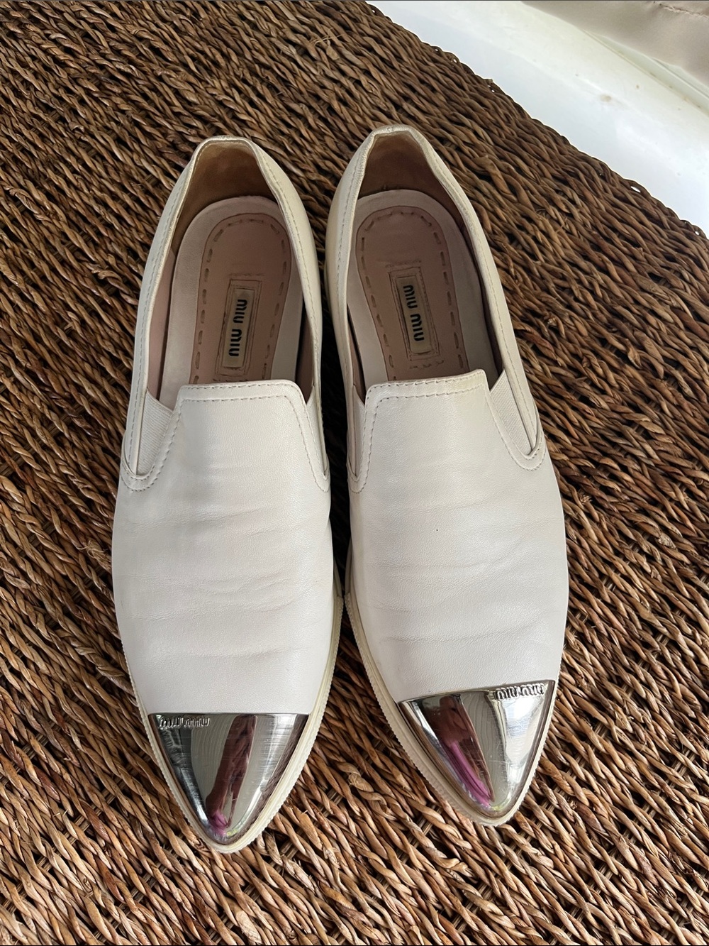 Women’s Miu Miu White/Cream Leather Slip-Ons with Silver Cap Toes - Picture 2 of 13